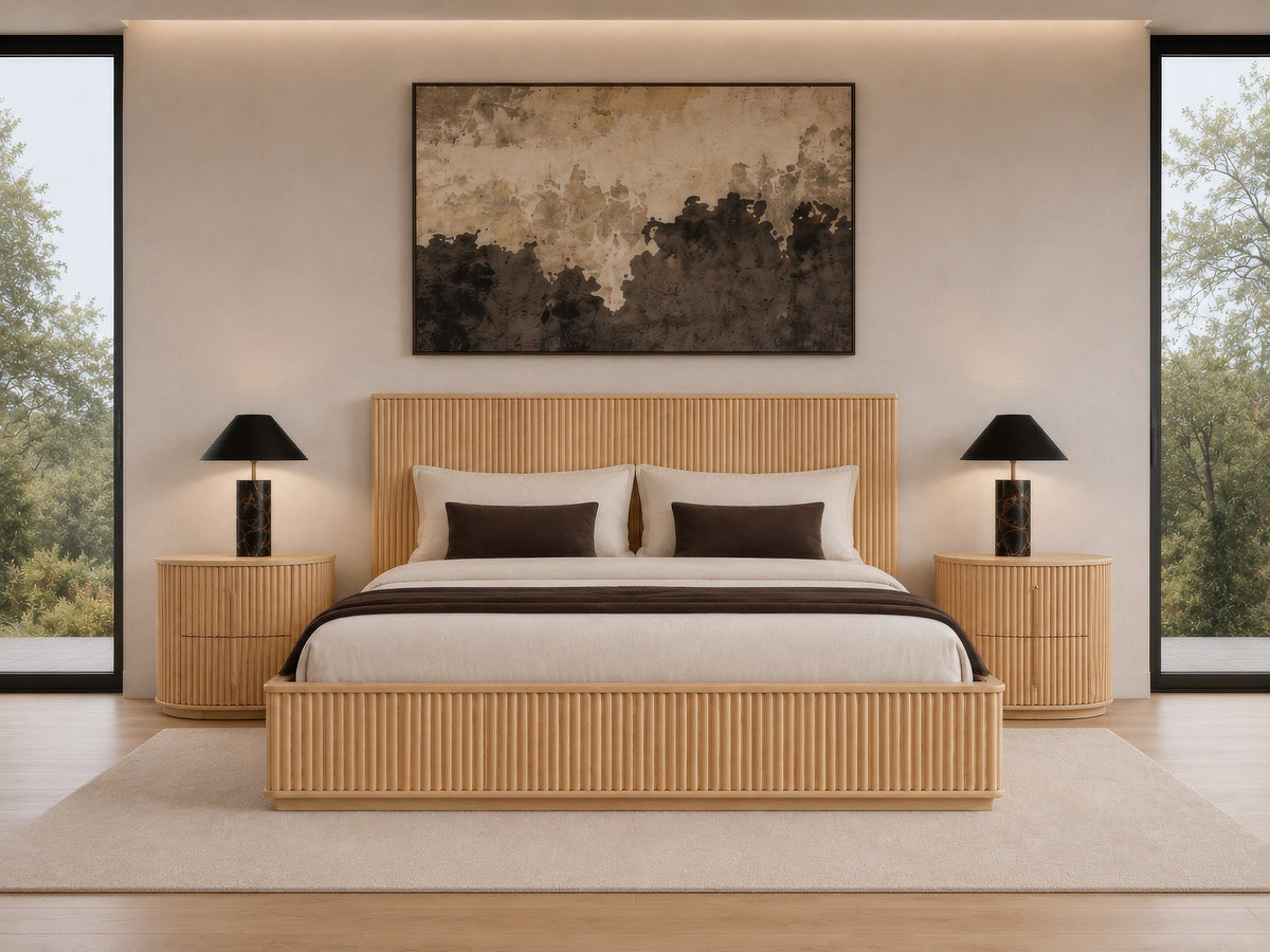 Natural Oak Wood Bed Frame, Rustic Modern Panel Headboard Bed