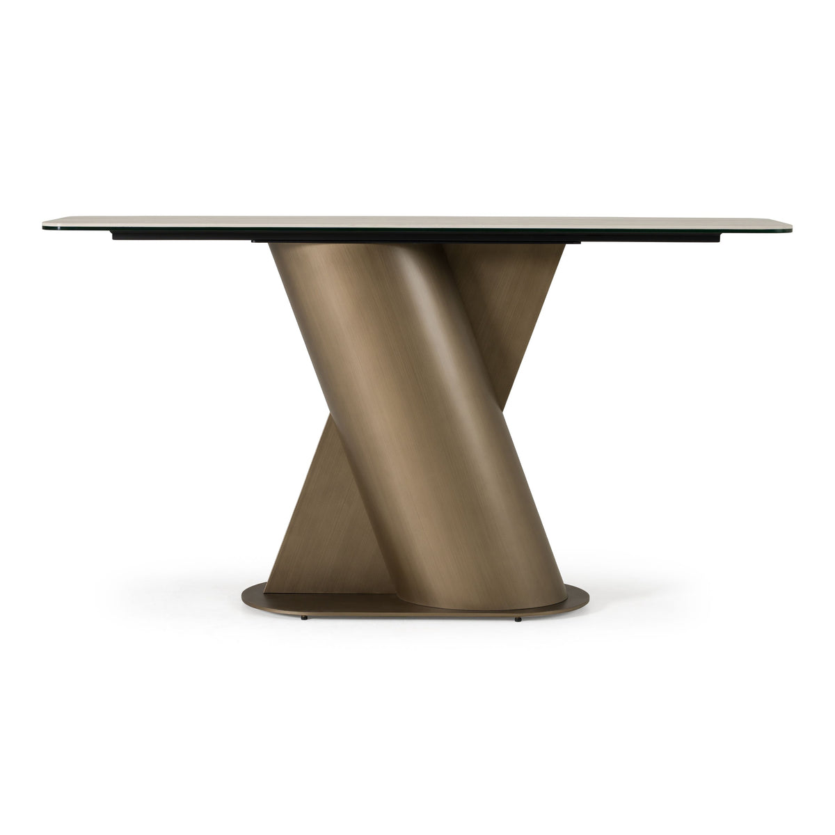Travertine Look Console Table, Modern Bronze Pedestal Entryway Table