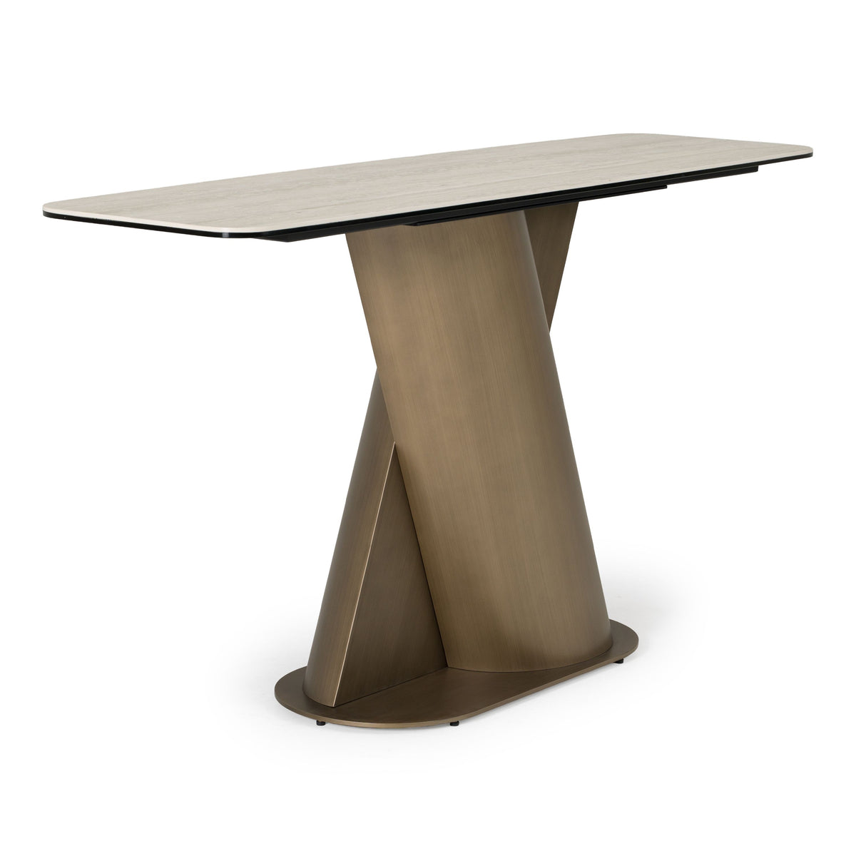 Travertine Look Console Table, Modern Bronze Pedestal Entryway Table