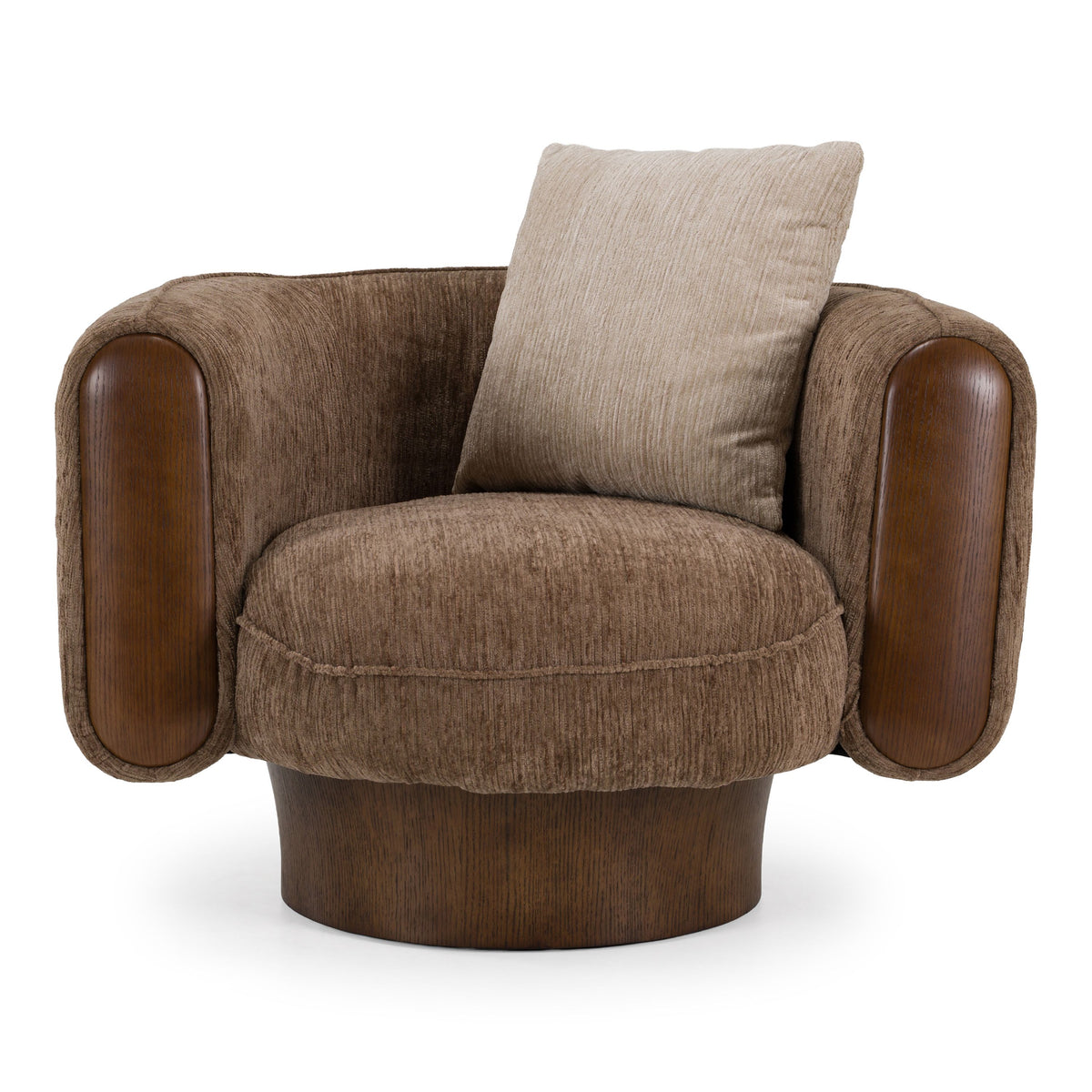Swivel Accent Chair, Brown and Beige Fabric Round Arm Lounge Chair