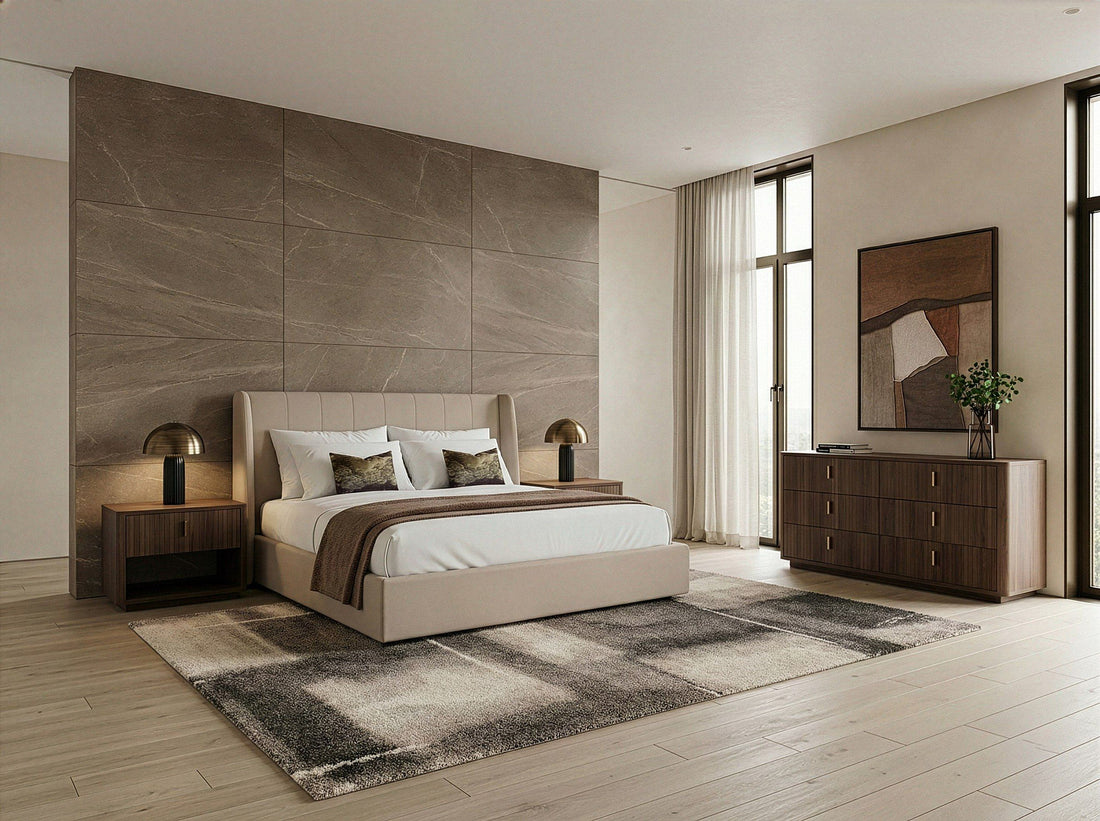 Tan Upholstered Bed Frame, Modern Panel Bed with Walnut Legs