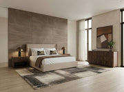 Tan Upholstered Bed Frame, Modern Panel Bed with Walnut Legs