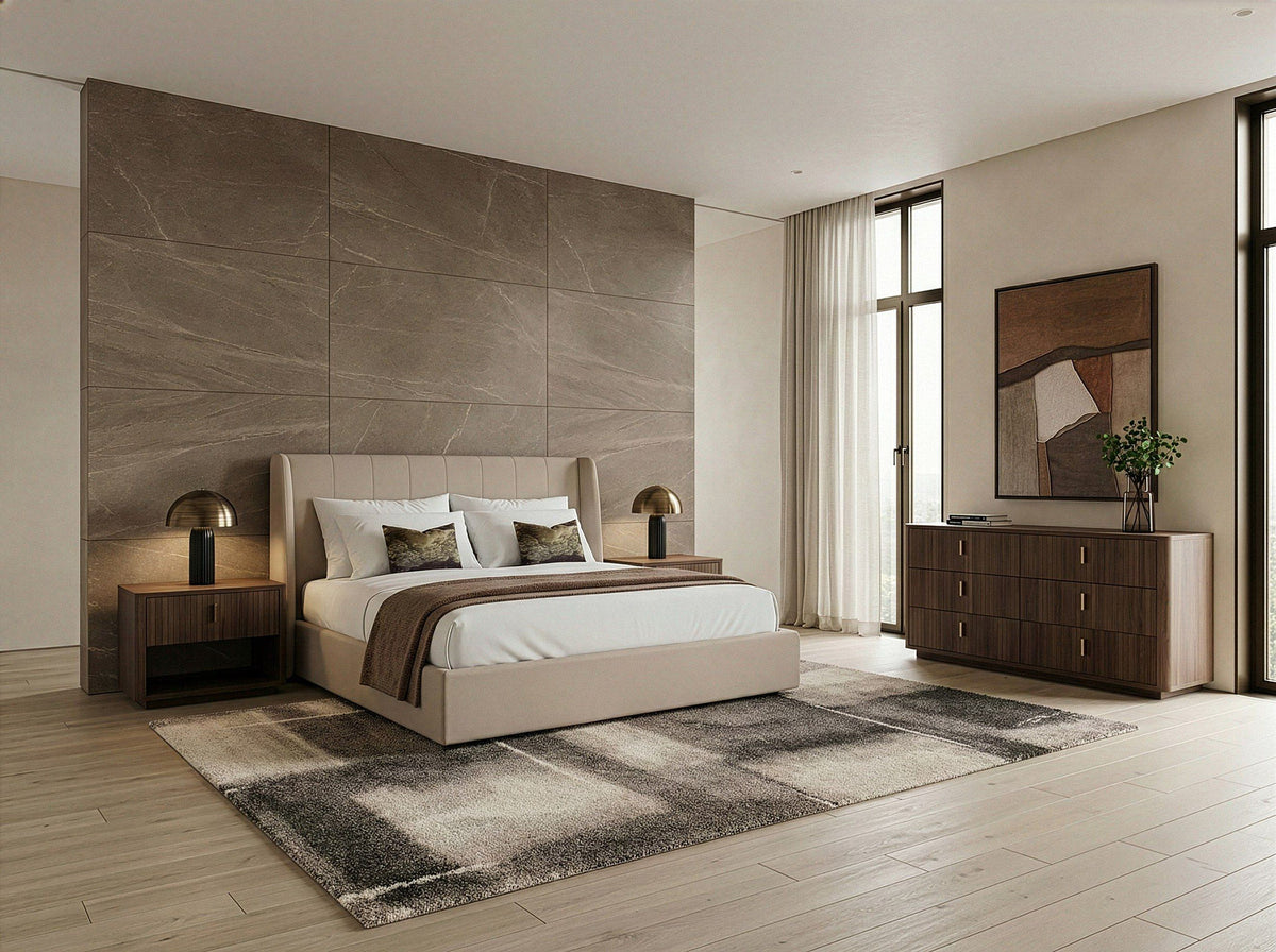 Tan Upholstered Bed Frame, Modern Panel Bed with Walnut Legs