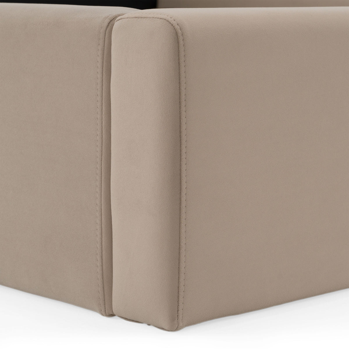 Tan Upholstered Bed Frame, Modern Panel Bed with Walnut Legs