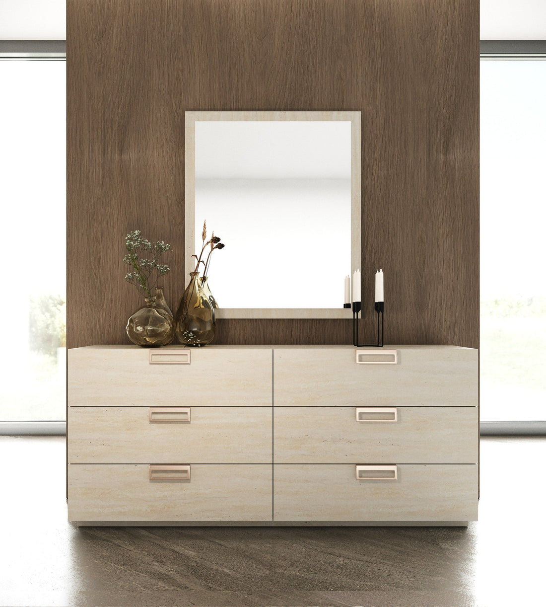 Travertine Look Mirror, Modern Stone Finish Dresser Mirror