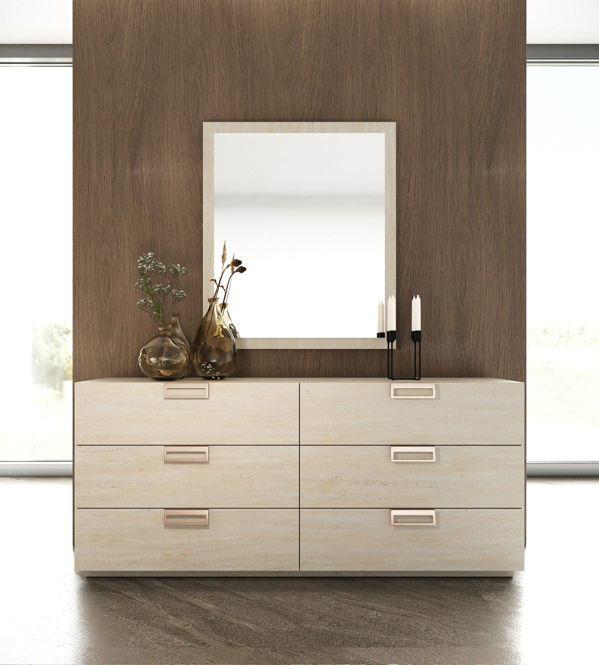 Travertine Look Mirror, Modern Stone Finish Dresser Mirror