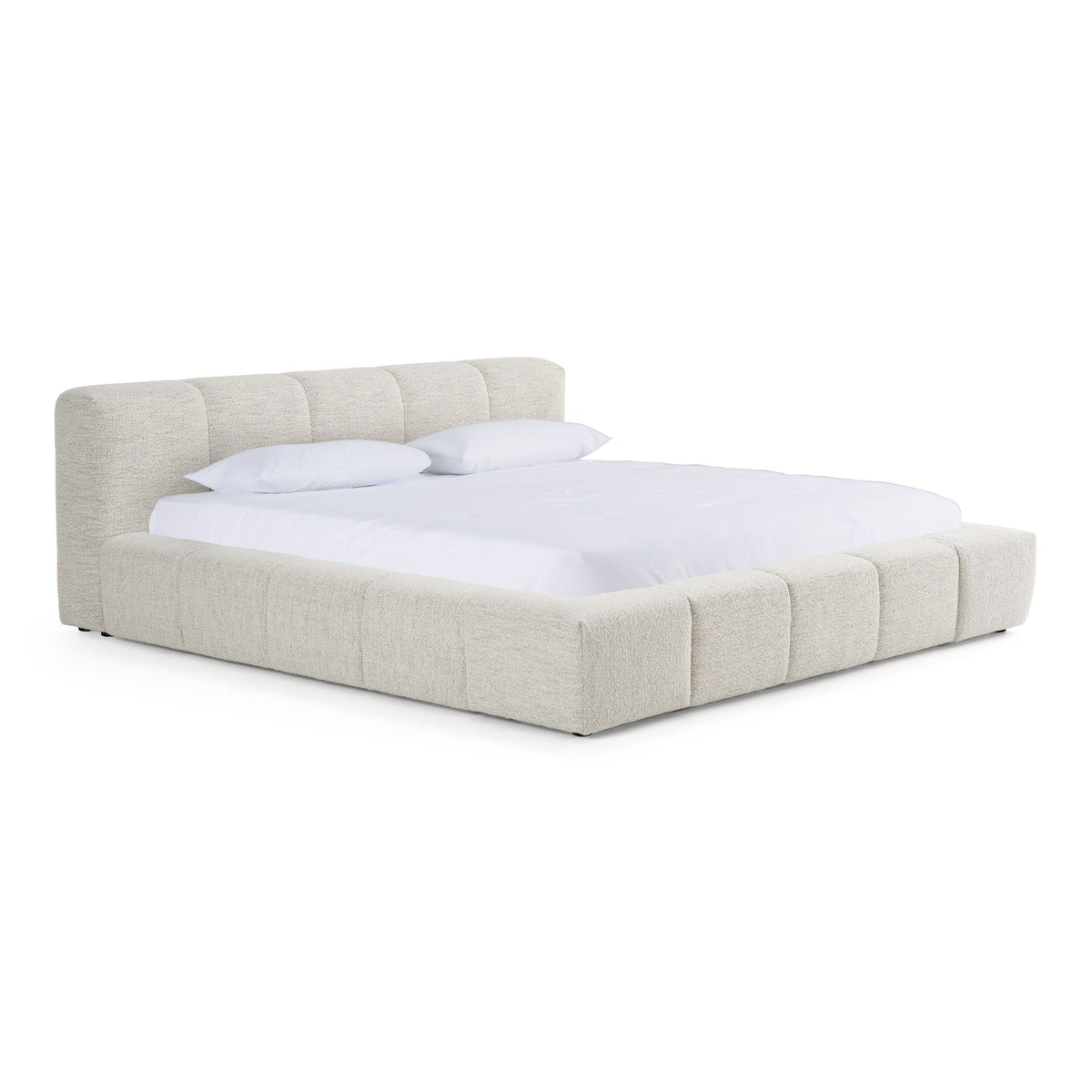 Beige Low Profile Bedroom Set, Upholstered Bed with Grey Textured Dresser