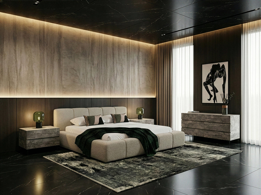 Beige Low Profile Bedroom Set, Upholstered Bed with Grey Textured Dresser