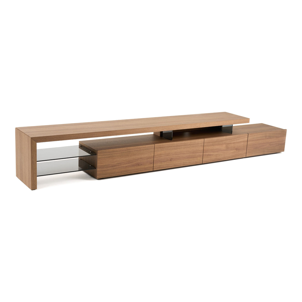 Walnut TV Stand, Modern Media Console with Drawers and Glass Shelves