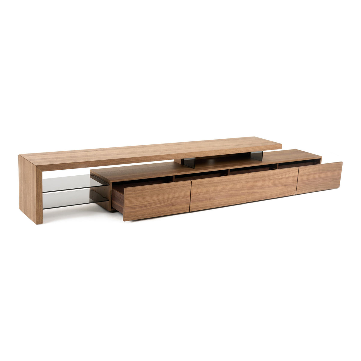 Walnut TV Stand, Modern Media Console with Drawers and Glass Shelves