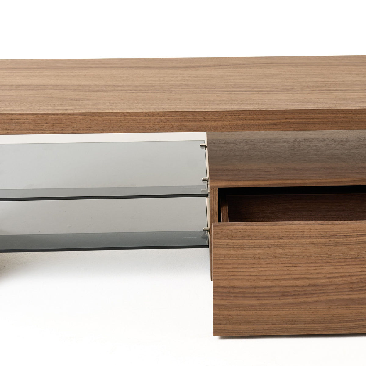 Walnut TV Stand, Modern Media Console with Drawers and Glass Shelves