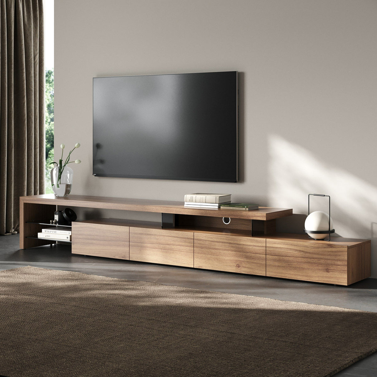 Walnut TV Stand, Modern Media Console with Drawers and Glass Shelves