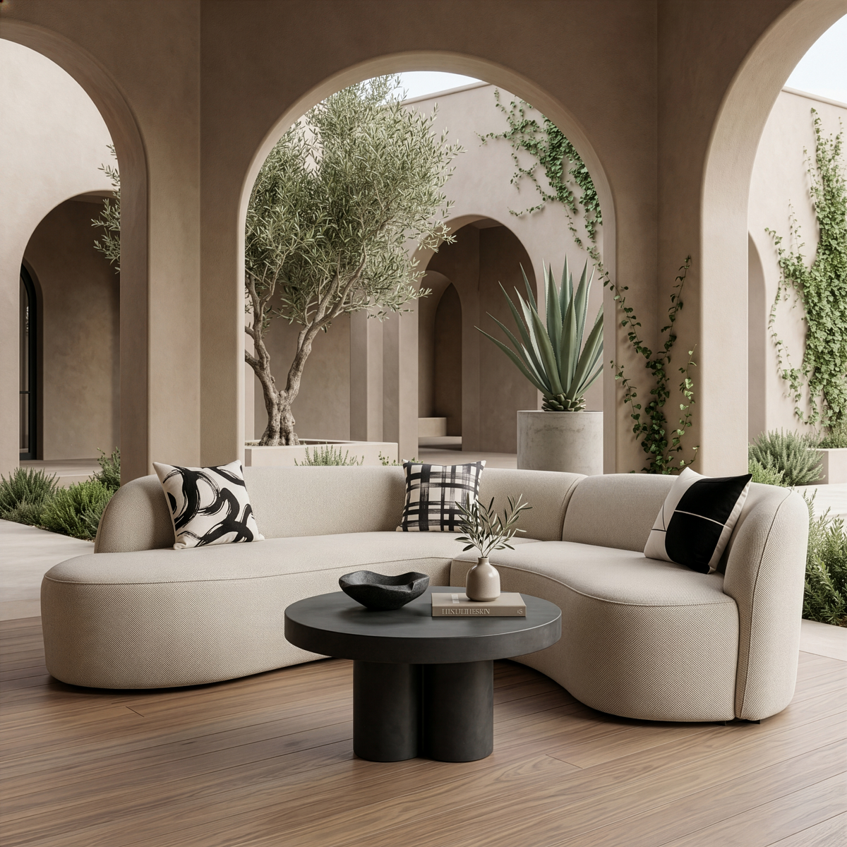 Outdoor Curved Sectional Sofa, Ivory Weather Resistant Patio Couch