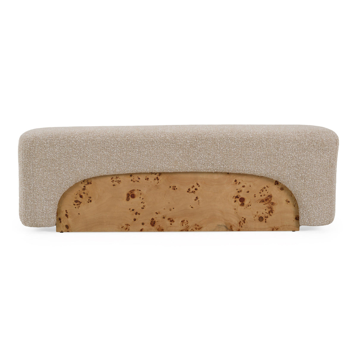 Upholstered Bench Ottoman, Beige Fabric and White Burl Entryway Bench