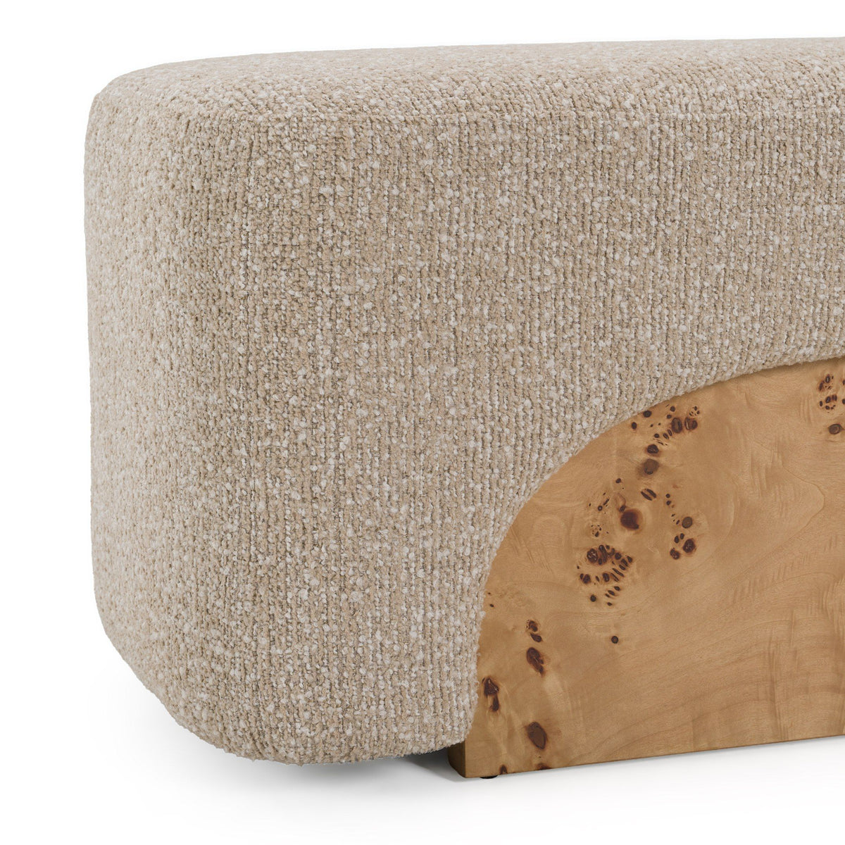 Upholstered Bench Ottoman, Beige Fabric and White Burl Entryway Bench
