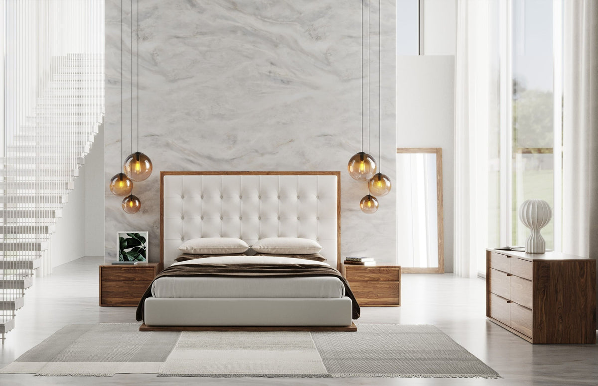White Leather and Walnut Bedroom Set, Modern Upholstered Bed Suite