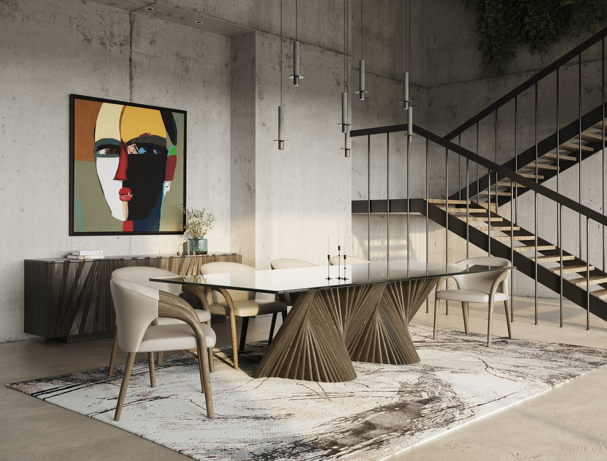 Glass Top Dining Table, Modern Rectangular Table with Solid Ash Base