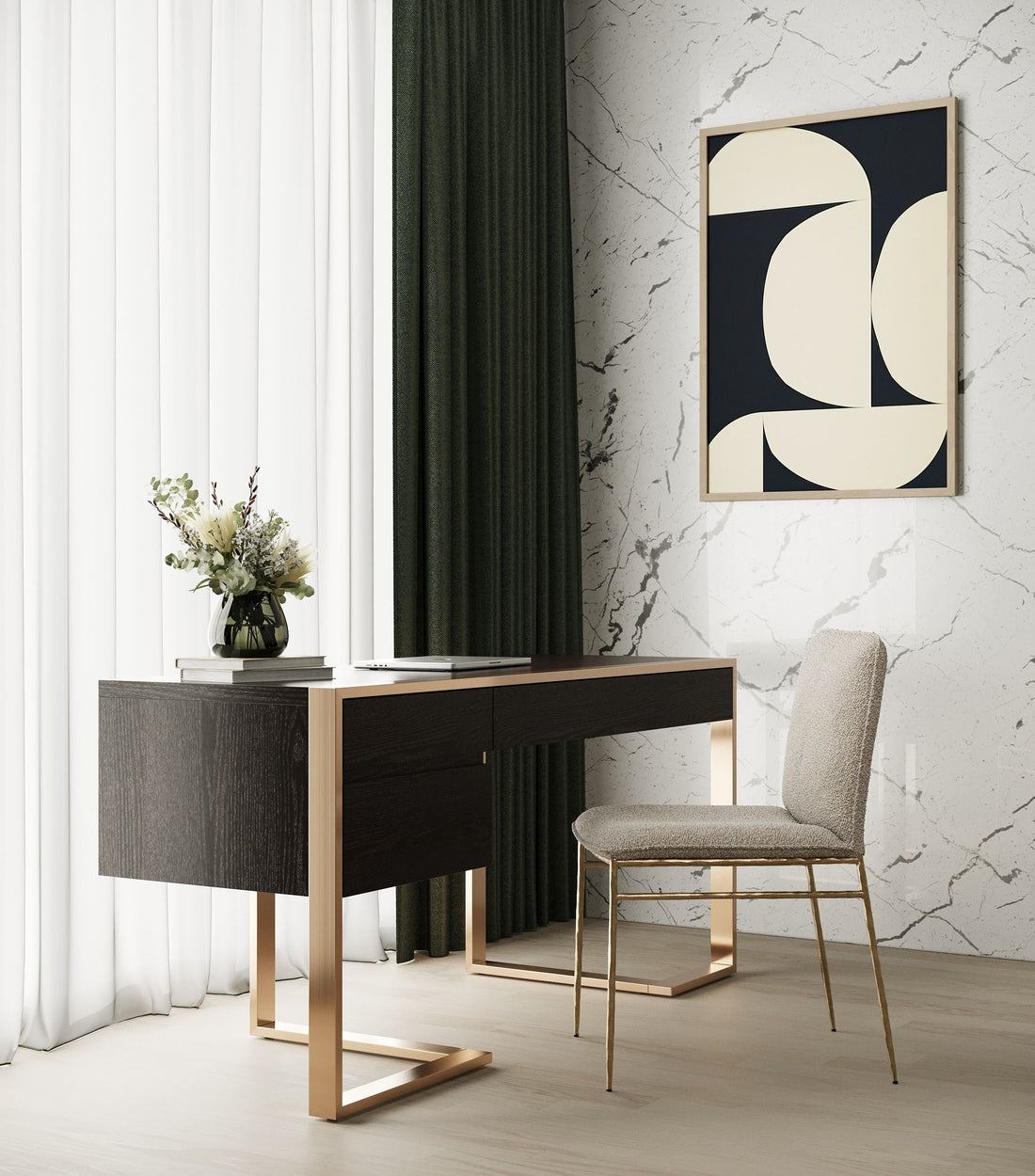 Wenge Wood Writing Desk, Modern Rose Gold Office Desk with Drawers