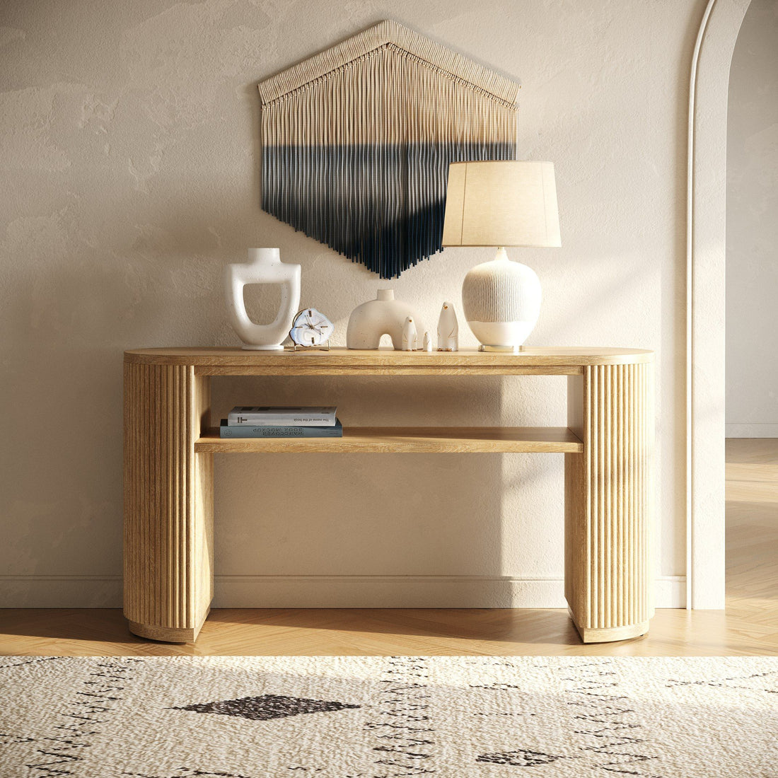 Oval Acacia Wood Console Table, Natural Entryway Table with Shelf
