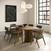 Herringbone Walnut Dining Set, Mid Century Modern Table with Green Chairs