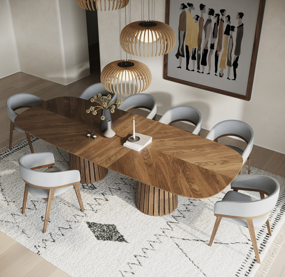 Extendable Walnut Dining Set, Mid Century Modern Table with Upholstered Chairs