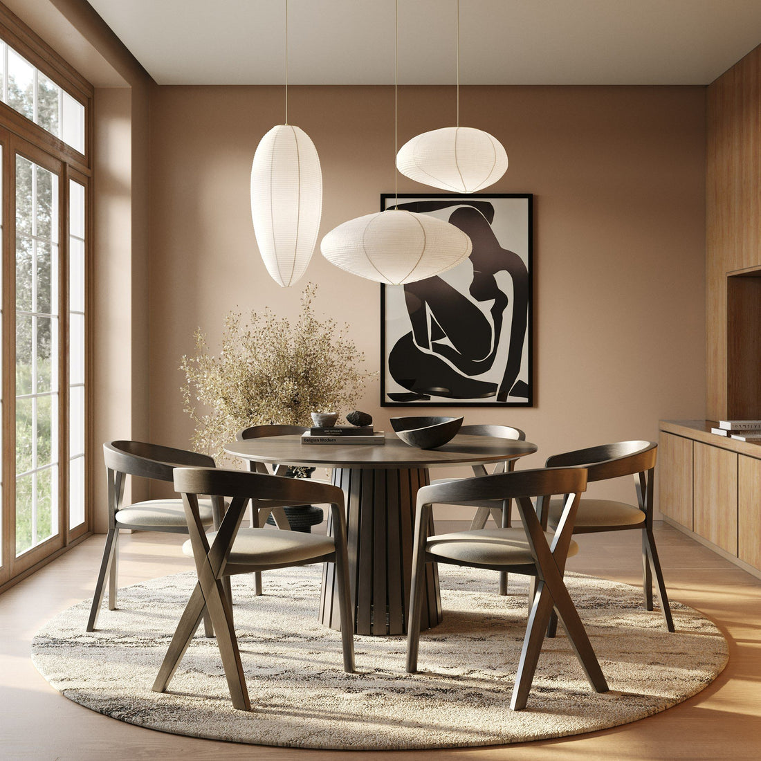 Round Pedestal Dining Set, Mid Century Wenge Table with Cross Back Chairs