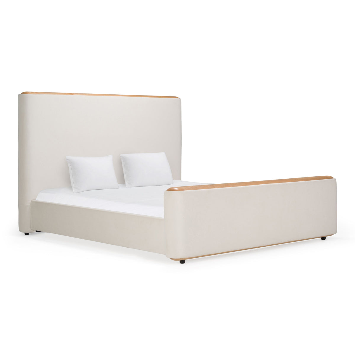 Cream Upholstered King Bed, Modern Fabric and Wood Platform Bed