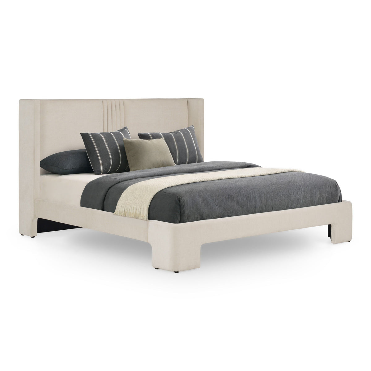 Beige Upholstered King Bed Frame, High Clearance Panel Bed