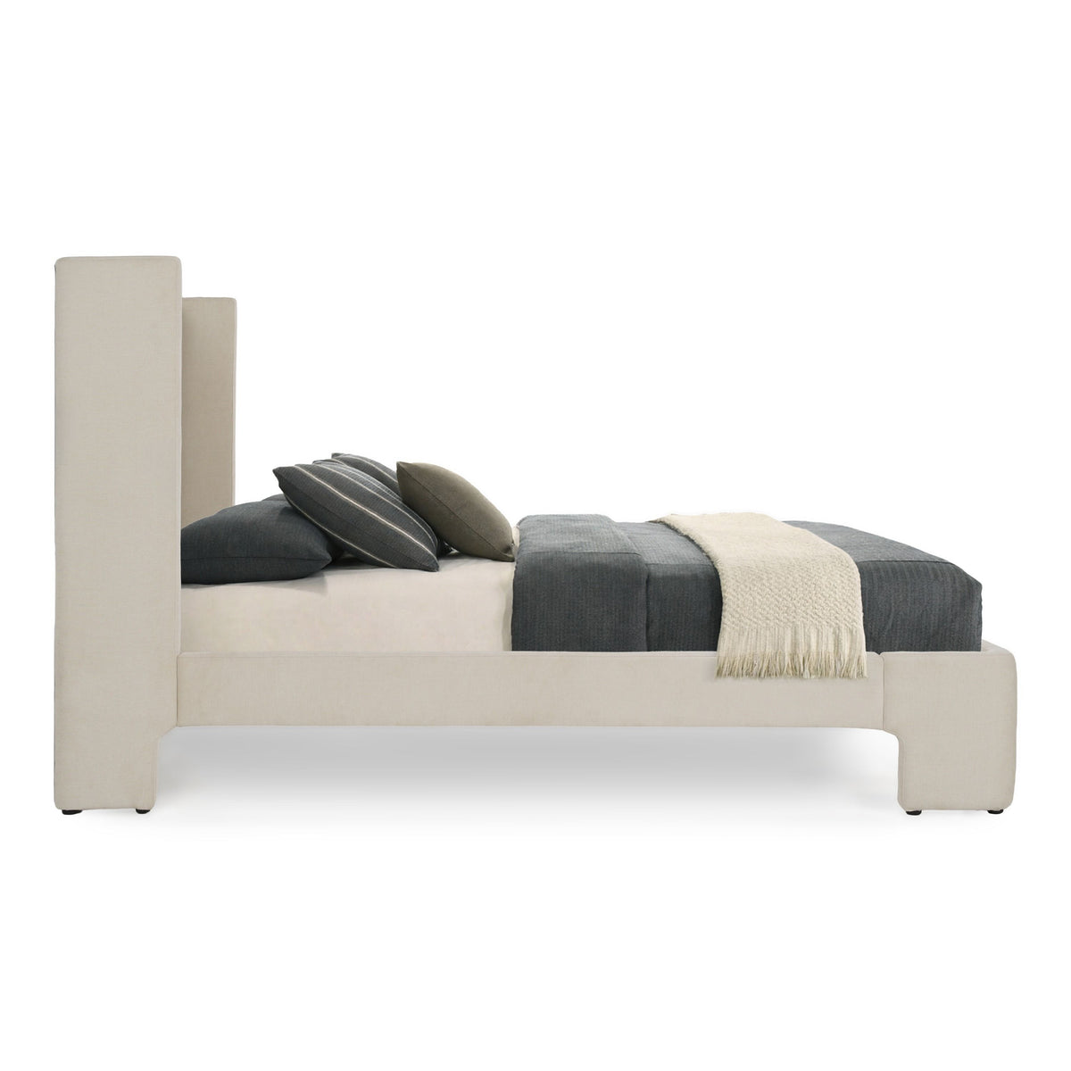 Beige Upholstered King Bed Frame, High Clearance Panel Bed
