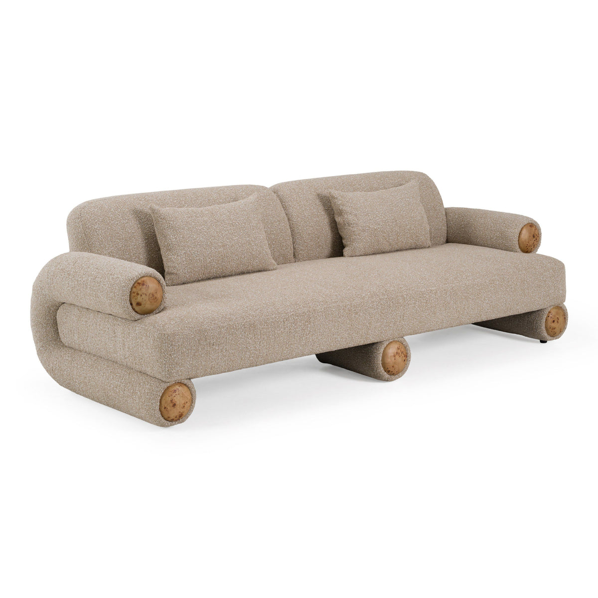 Beige Fabric Sofa with Burl Wood Accents, Modern Round Arm Couch