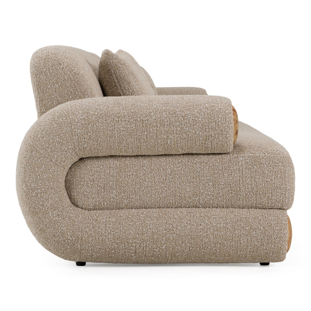 Beige Fabric Sofa with Burl Wood Accents, Modern Round Arm Couch