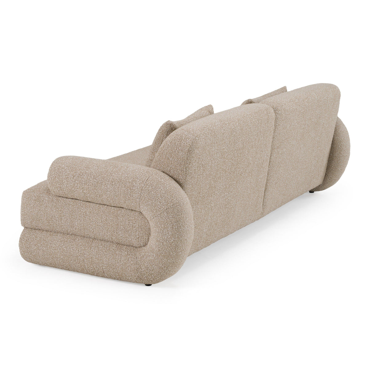 Beige Fabric Sofa with Burl Wood Accents, Modern Round Arm Couch
