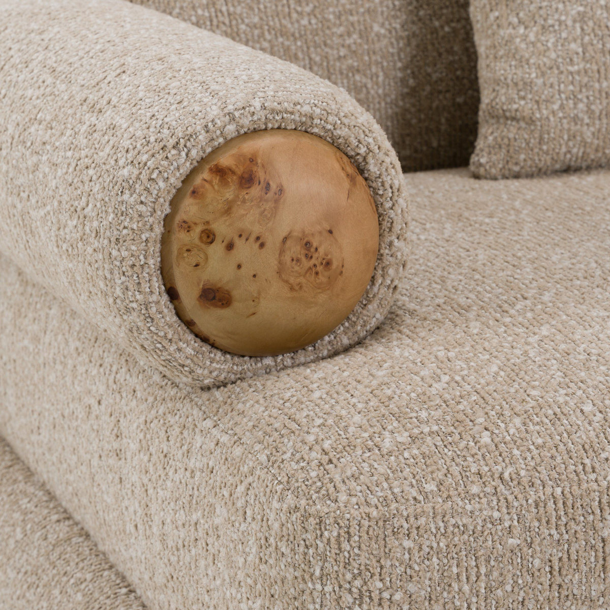Beige Fabric Sofa with Burl Wood Accents, Modern Round Arm Couch