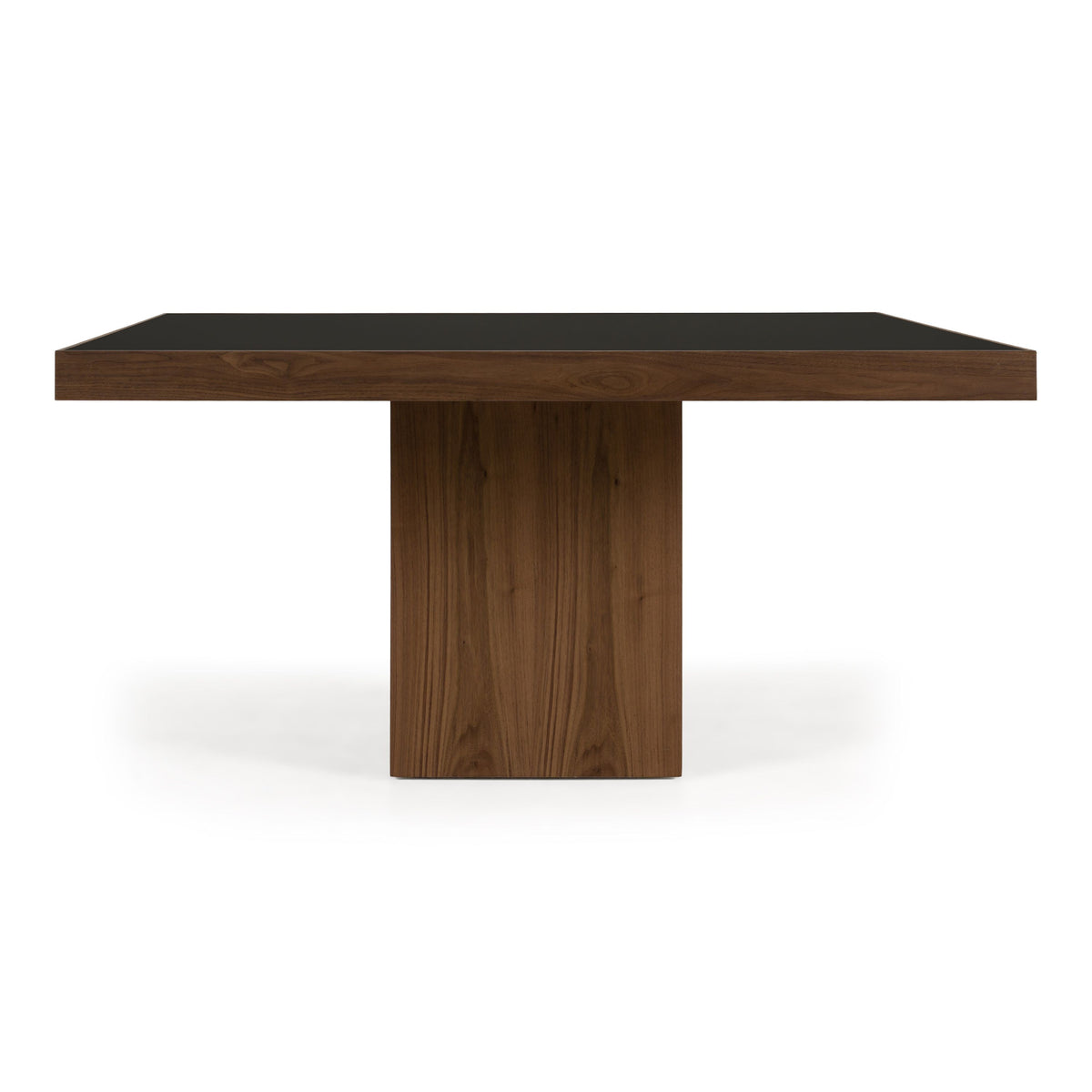 Square Dining Table, Black Glass and Walnut Pedestal Table