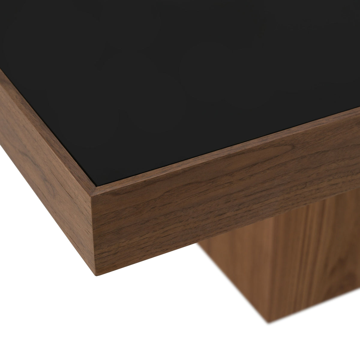 Square Dining Table, Black Glass and Walnut Pedestal Table
