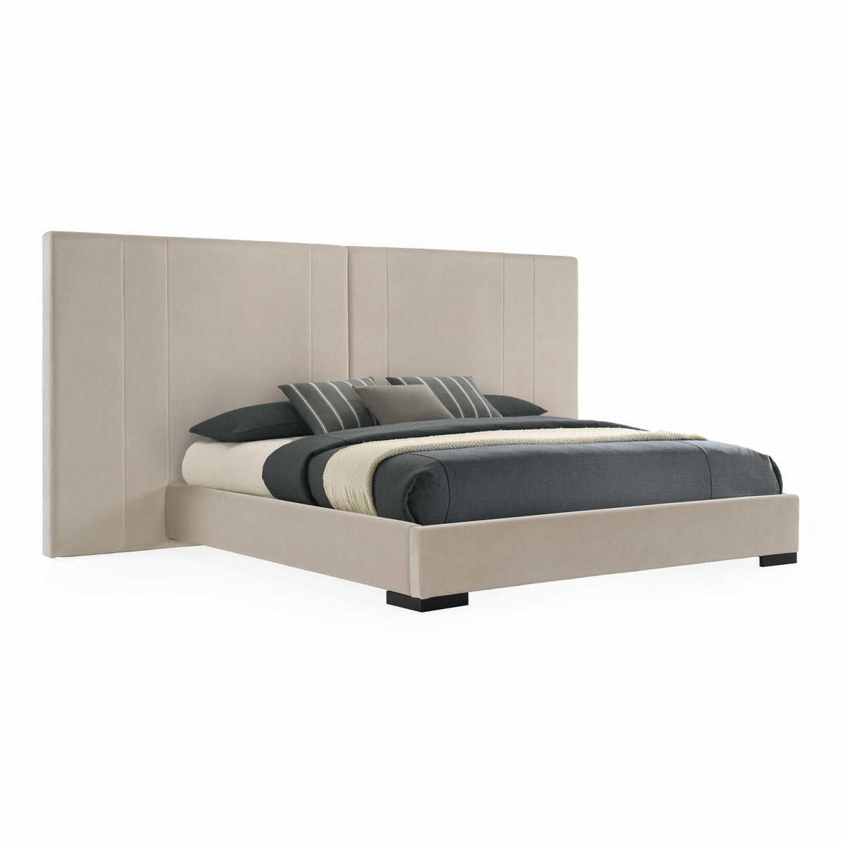 Beige Wide Headboard Bed Frame, Modern Upholstered Platform Bed