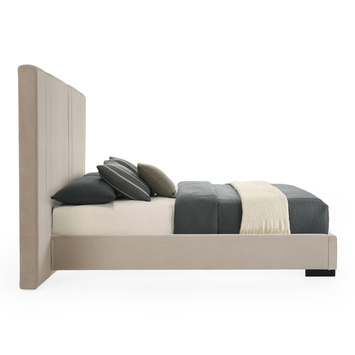 Beige Wide Headboard Bed Frame, Modern Upholstered Platform Bed