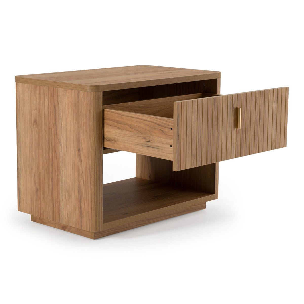 Oak and Gold Nightstand, Modern One Drawer Bedside Table with Lower Shelf