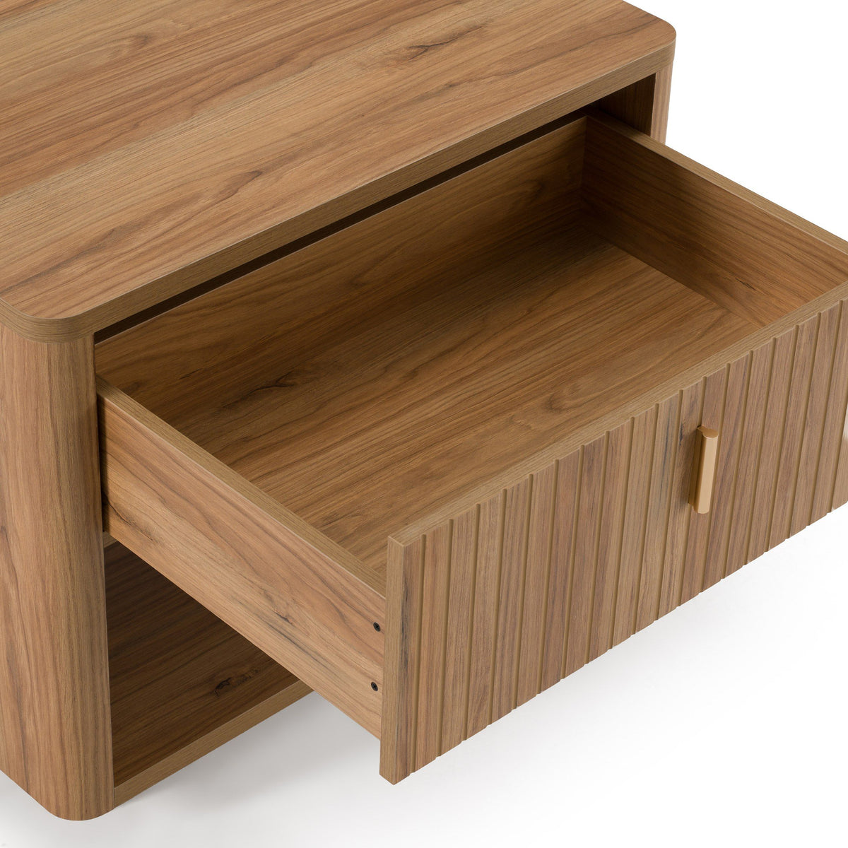 Oak and Gold Nightstand, Modern One Drawer Bedside Table with Lower Shelf