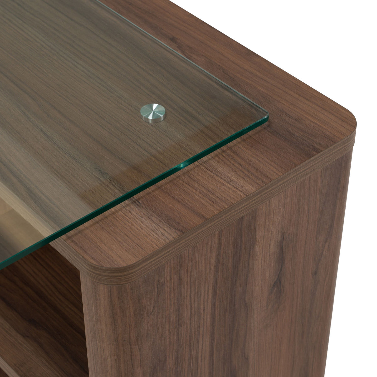 Reversible L Shaped Desk, Walnut and Glass Corner Office Desk