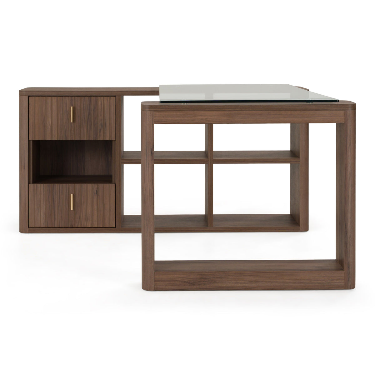 Reversible L Shaped Desk, Walnut and Glass Corner Office Desk