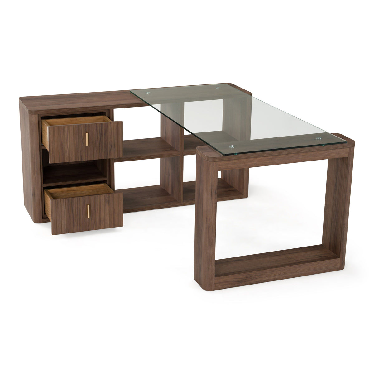 Reversible L Shaped Desk, Walnut and Glass Corner Office Desk