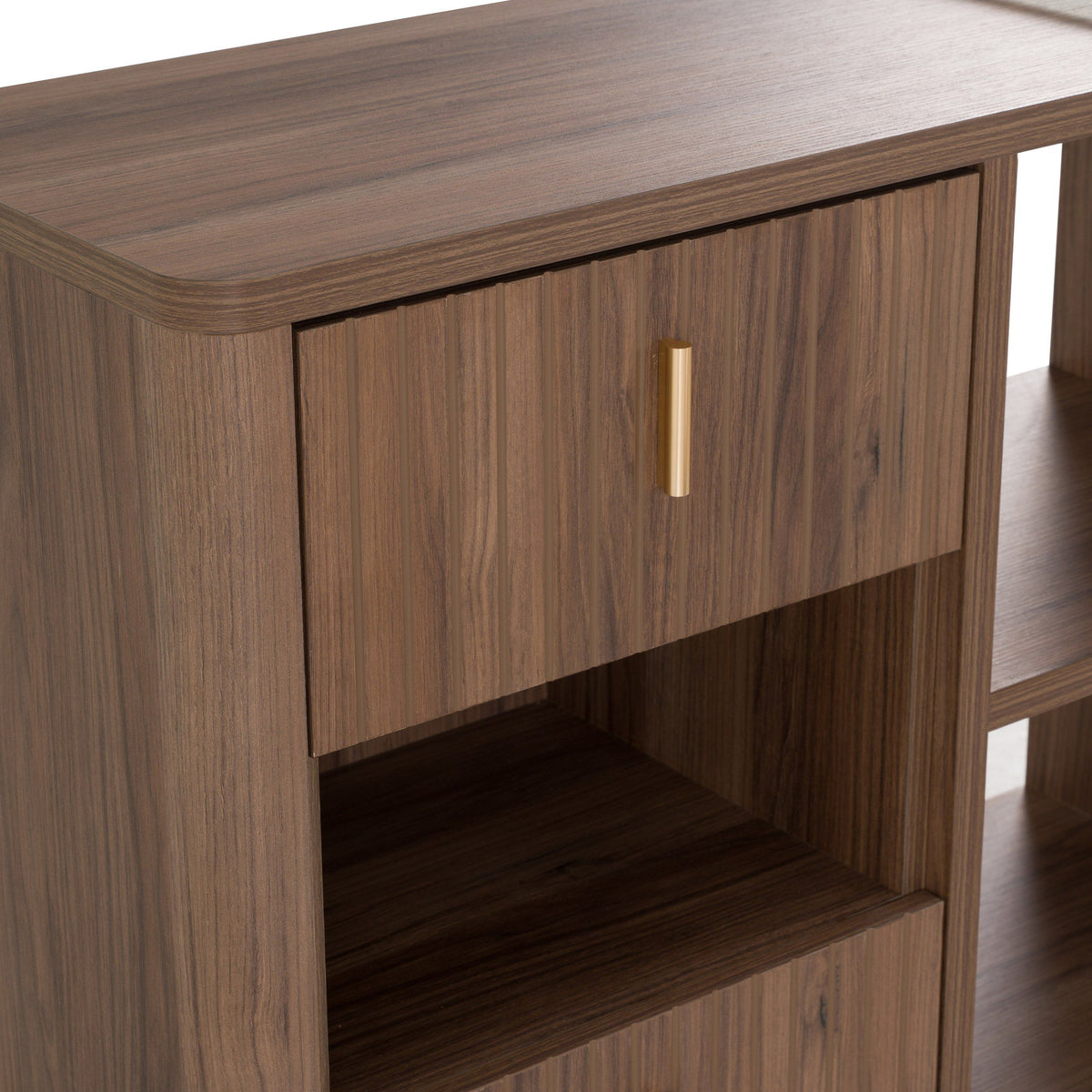 Reversible L Shaped Desk, Walnut and Glass Corner Office Desk