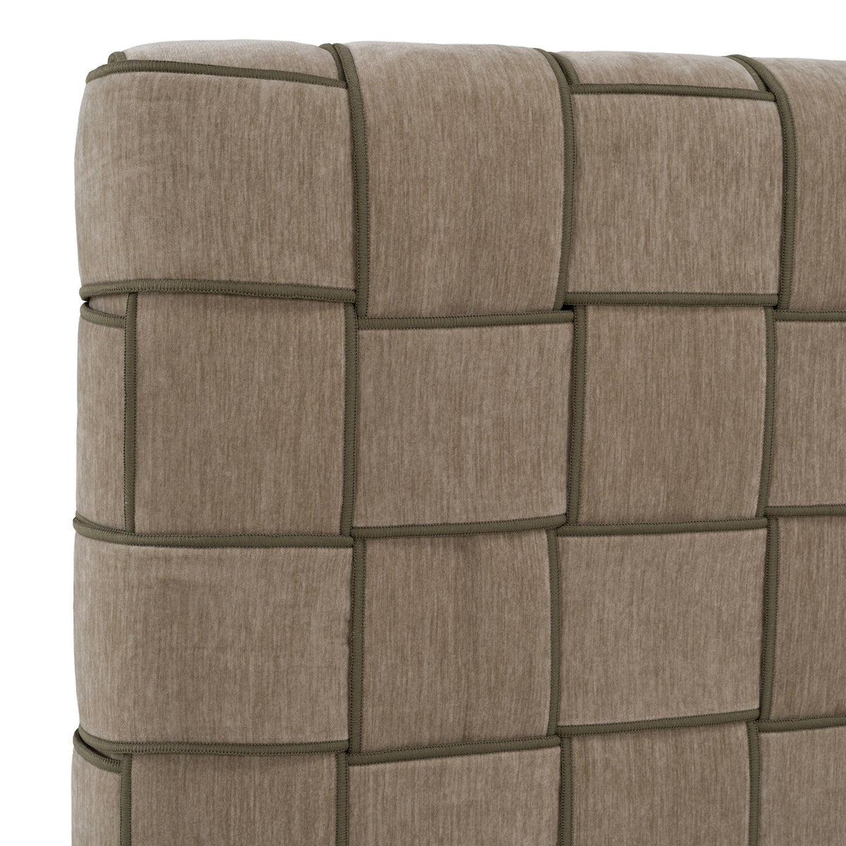 Taupe Upholstered Bedroom Set, Walnut Dresser and Gold Pull Nightstands