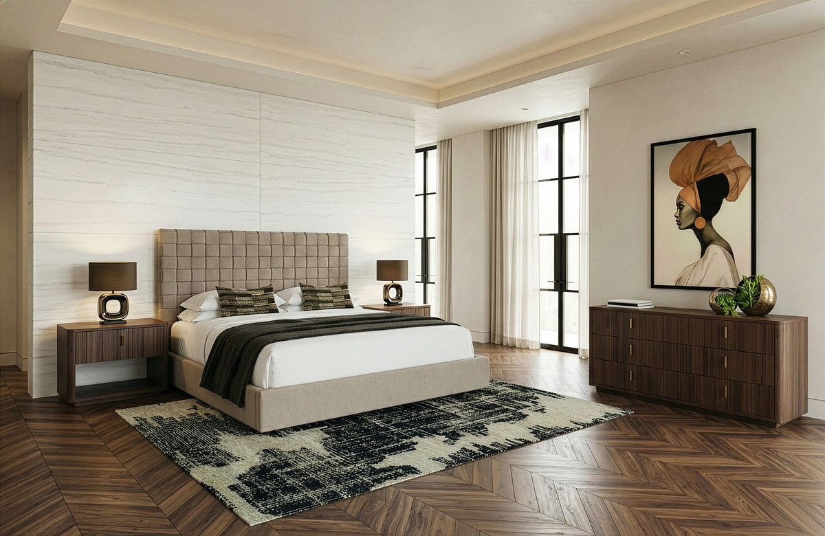 Taupe Upholstered King Bed, Tall Headboard Modern Fabric Bed