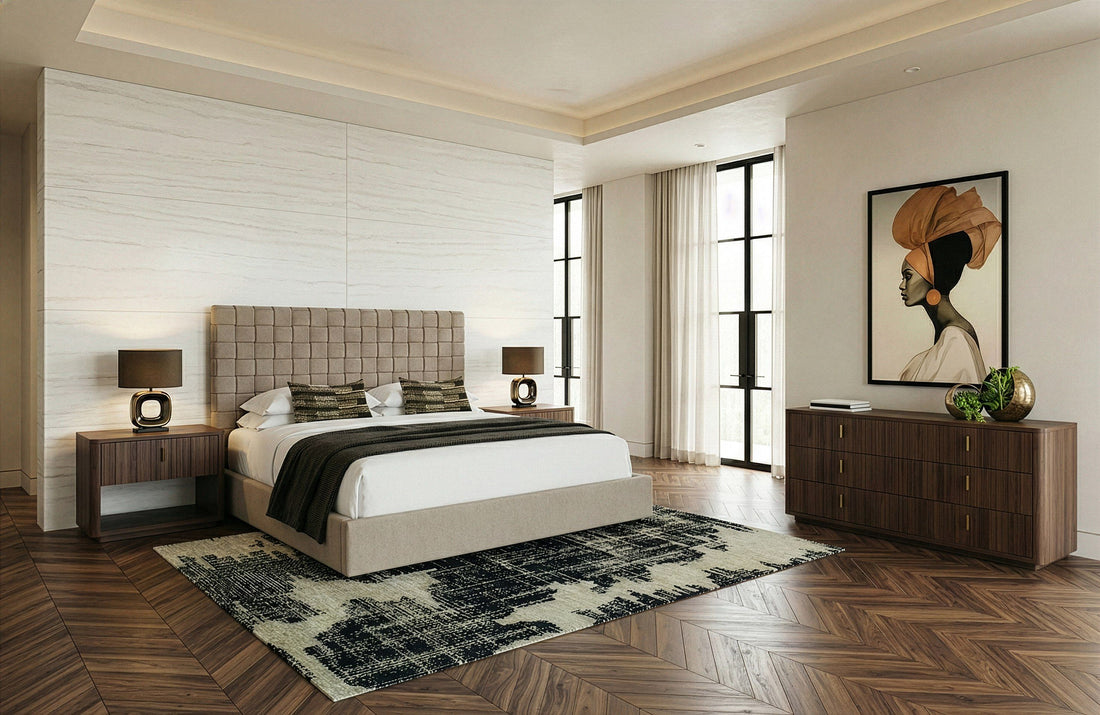 Taupe Upholstered Bedroom Set, Walnut Dresser and Gold Pull Nightstands