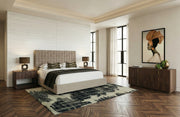 Taupe Upholstered Bedroom Set, Walnut Dresser and Gold Pull Nightstands