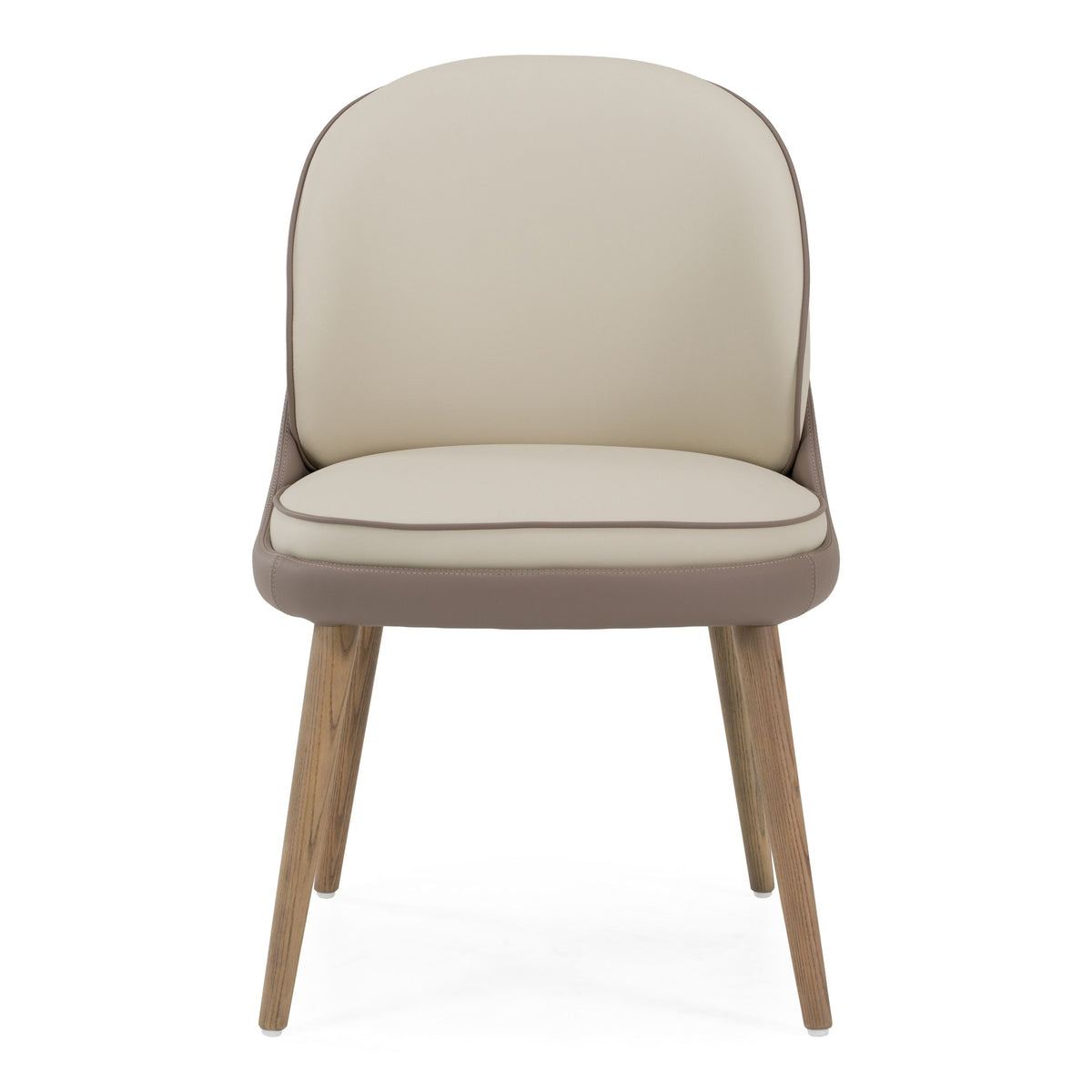 Mid Century Modern Dining Chairs, Cream and Taupe Vegan Leather Pair