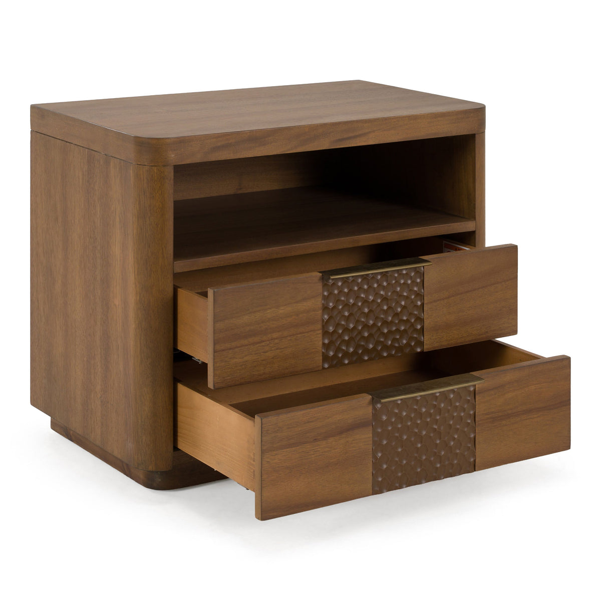 Acacia Nightstand with Open Shelf, Modern Two Drawer Bedside Table
