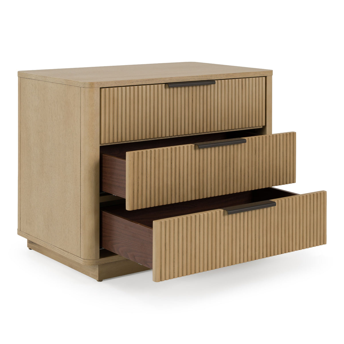 Natural Oak Three Drawer Nightstand, Modern Wide Bedside Chest